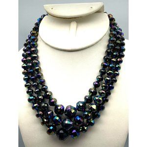 Retro Oil Slick Beads Graduated Necklace, Black Plastic Vitrail Triple Strand